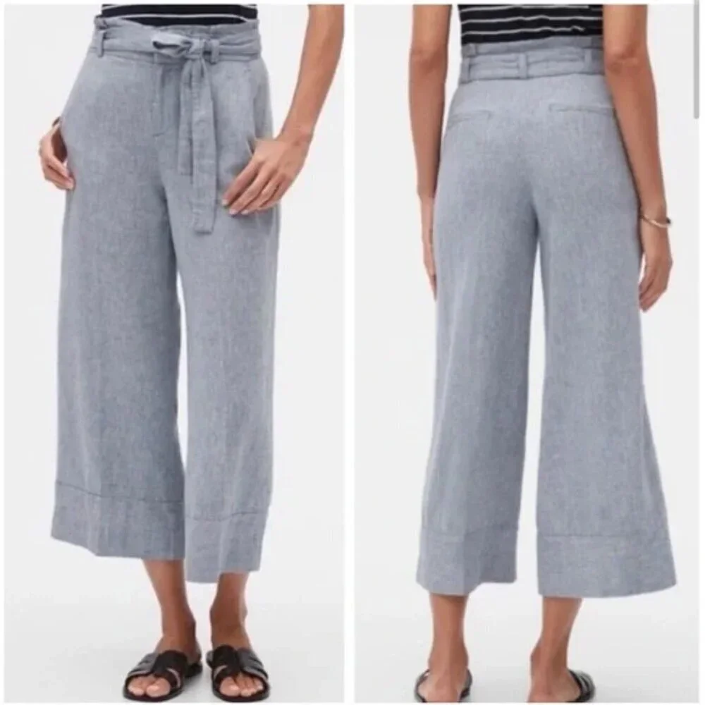 Banana Republic Blake-Fit Linen-Blend Wide-Leg Crop Pant, Light Blue, Size 6